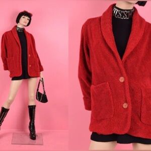 🔥VINTAGE🔥 Designer Cindy Bai Oversized Red Sherpa Red Shawl collar Jacket size S
